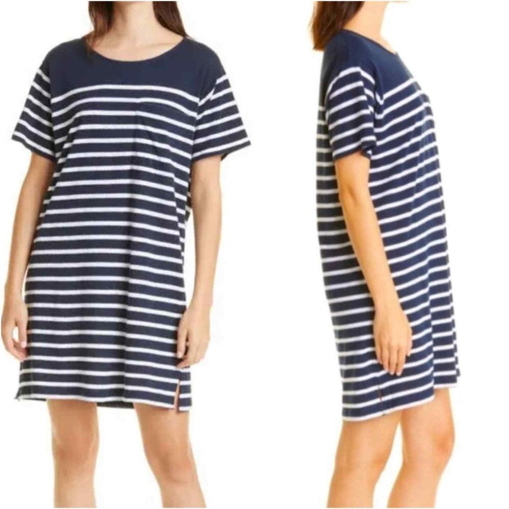 La Ligne Edie Knit Mini T-shirt Dress in White/Navy‎ - Size XS